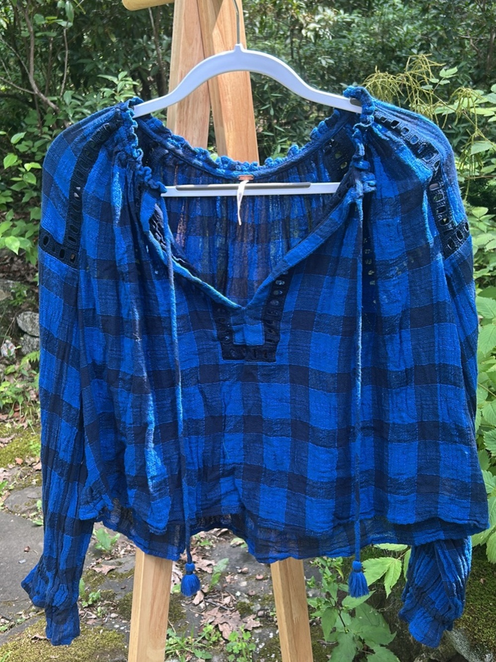 Free People Electric Blue and Black Plaid Peasant Top